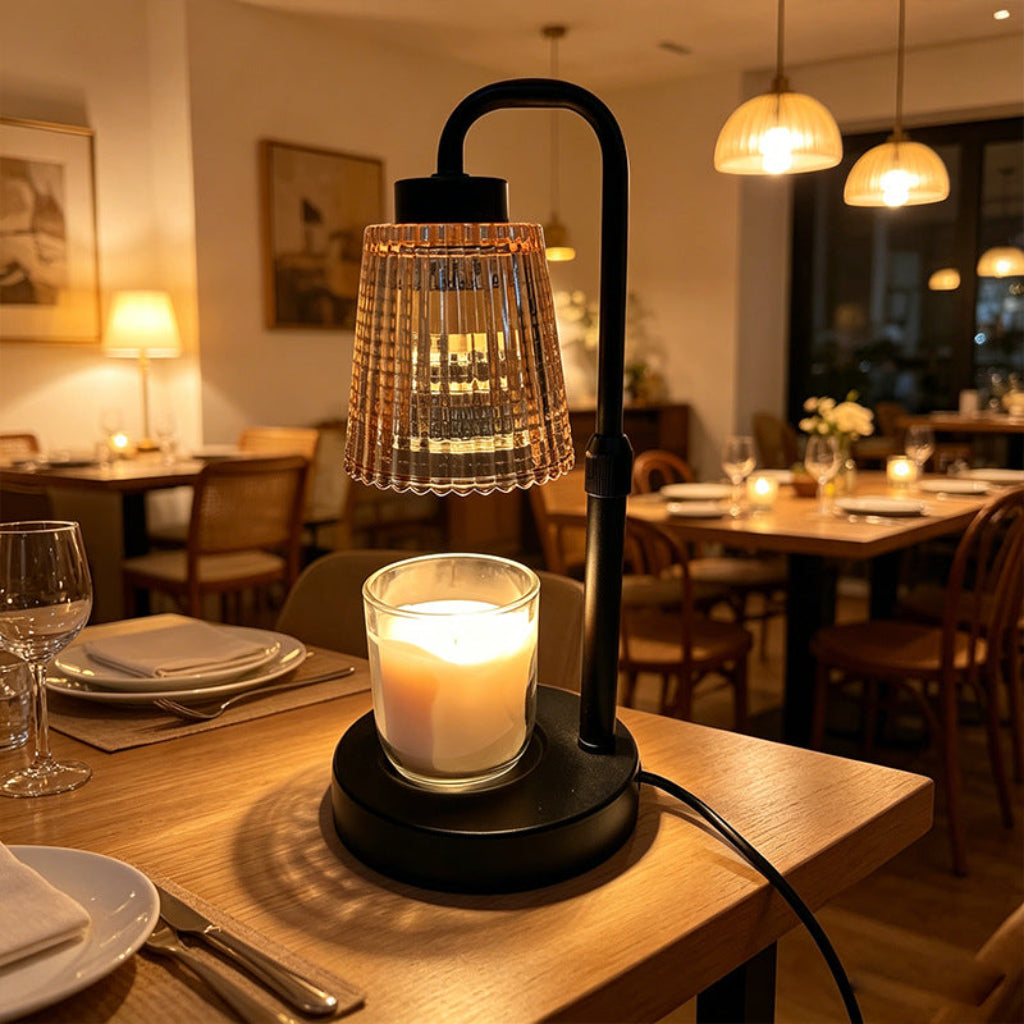 Candle Warmer Table Lamp with Amber Fluted Glass & Black Metal Arm Velumoza