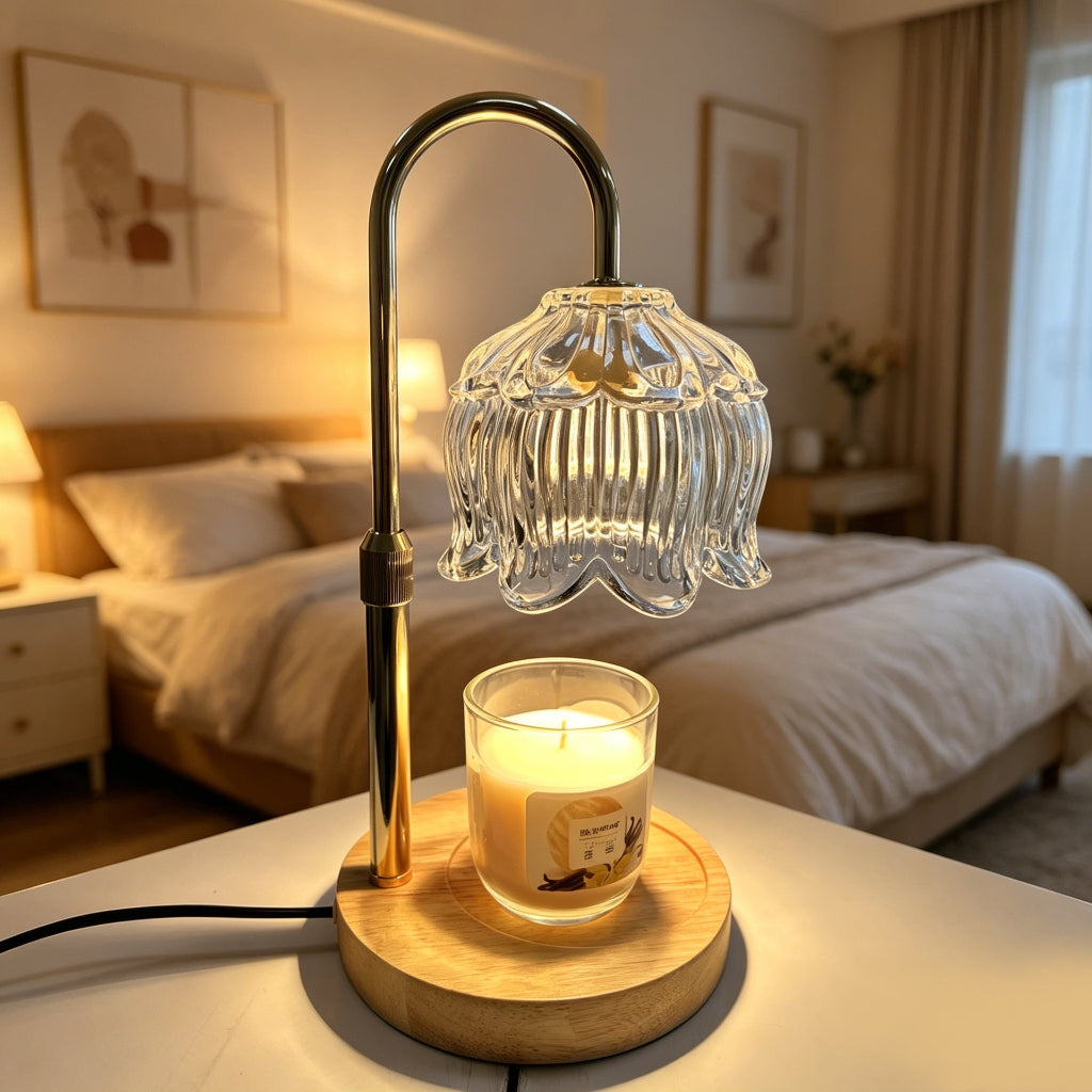 Candle Warmer Table Lamp with Tulip Shade & Solid Wood Base Velumoza