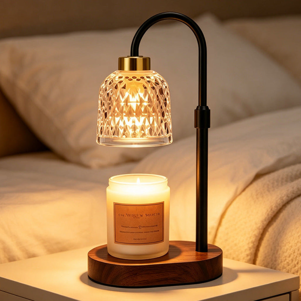 Candle Warmer Table Lamp with Timer & Diamond-Pattern Glass Shade Velumoza