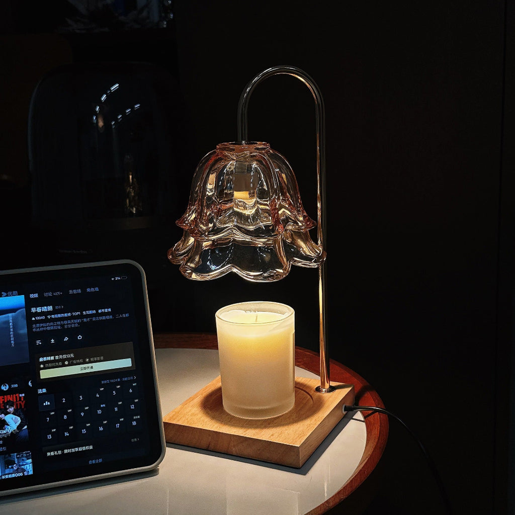 Candle Warmer Table Lamp with Bell Shade & Solid Wood Base Velumoza