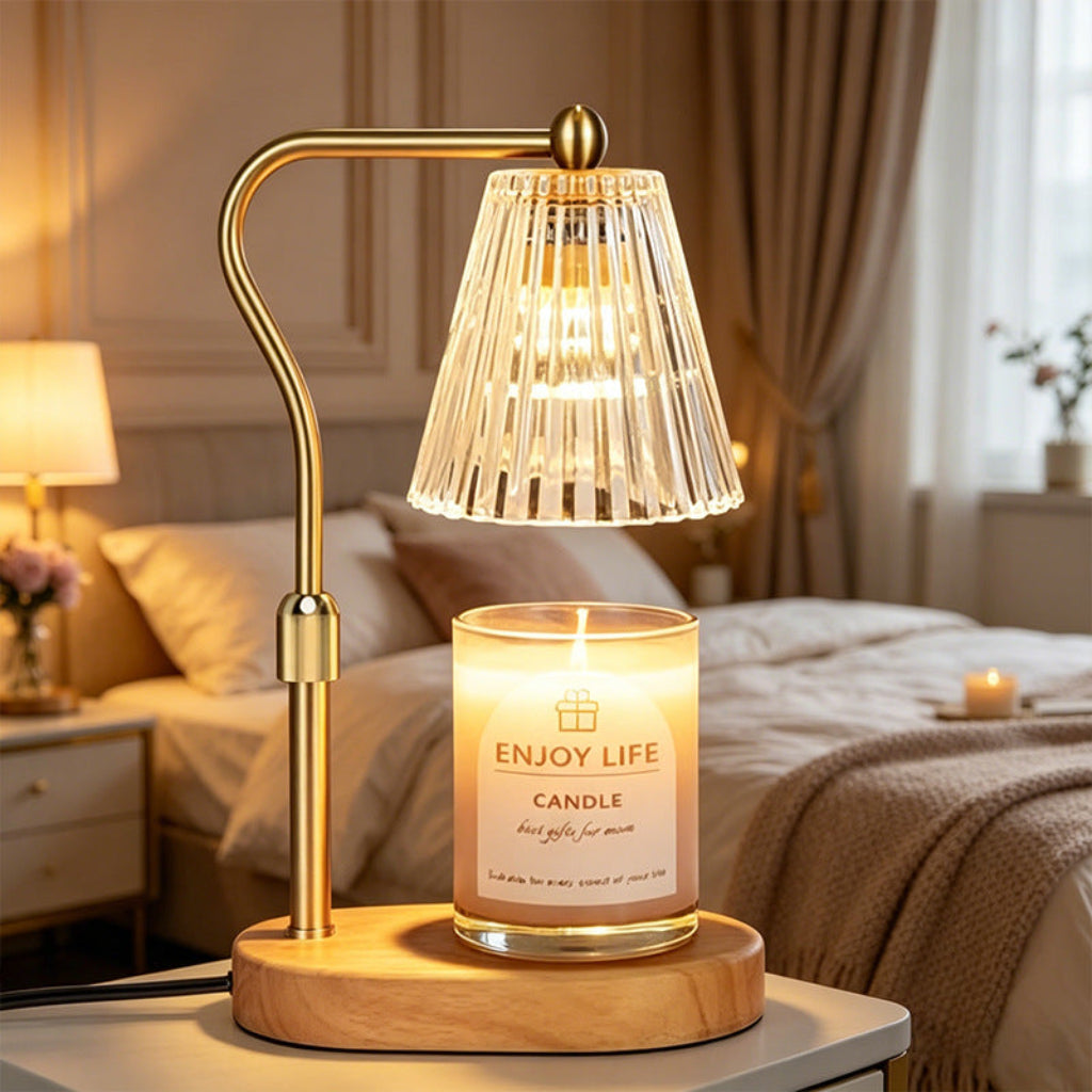 Candle Warmer Table Lamp with Adjustable Height & Ribbed Glass Shade Velumoza
