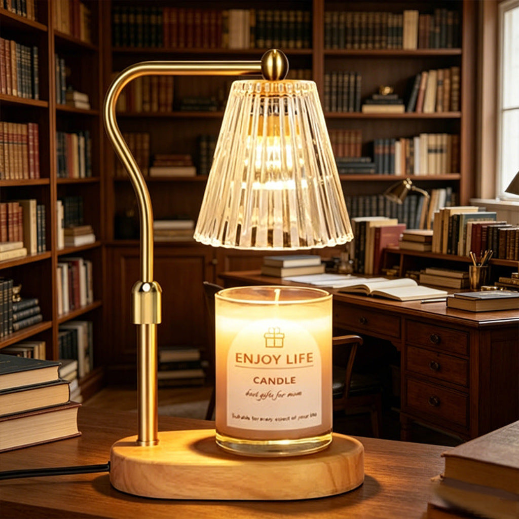 Candle Warmer Table Lamp with Adjustable Height & Ribbed Glass Shade Velumoza