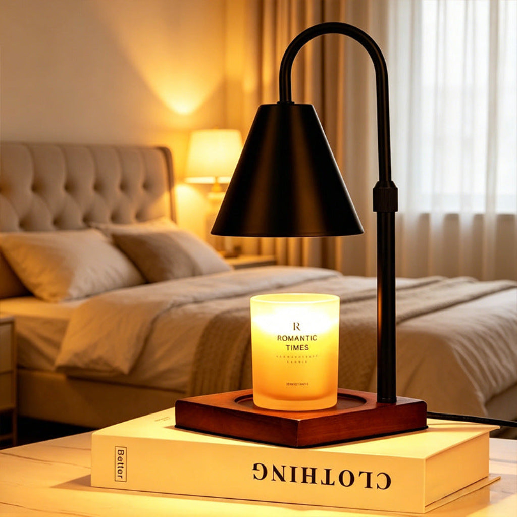 Candle Warmer Table Lamp with Black Cone Shade & Solid Wood Base Velumoza