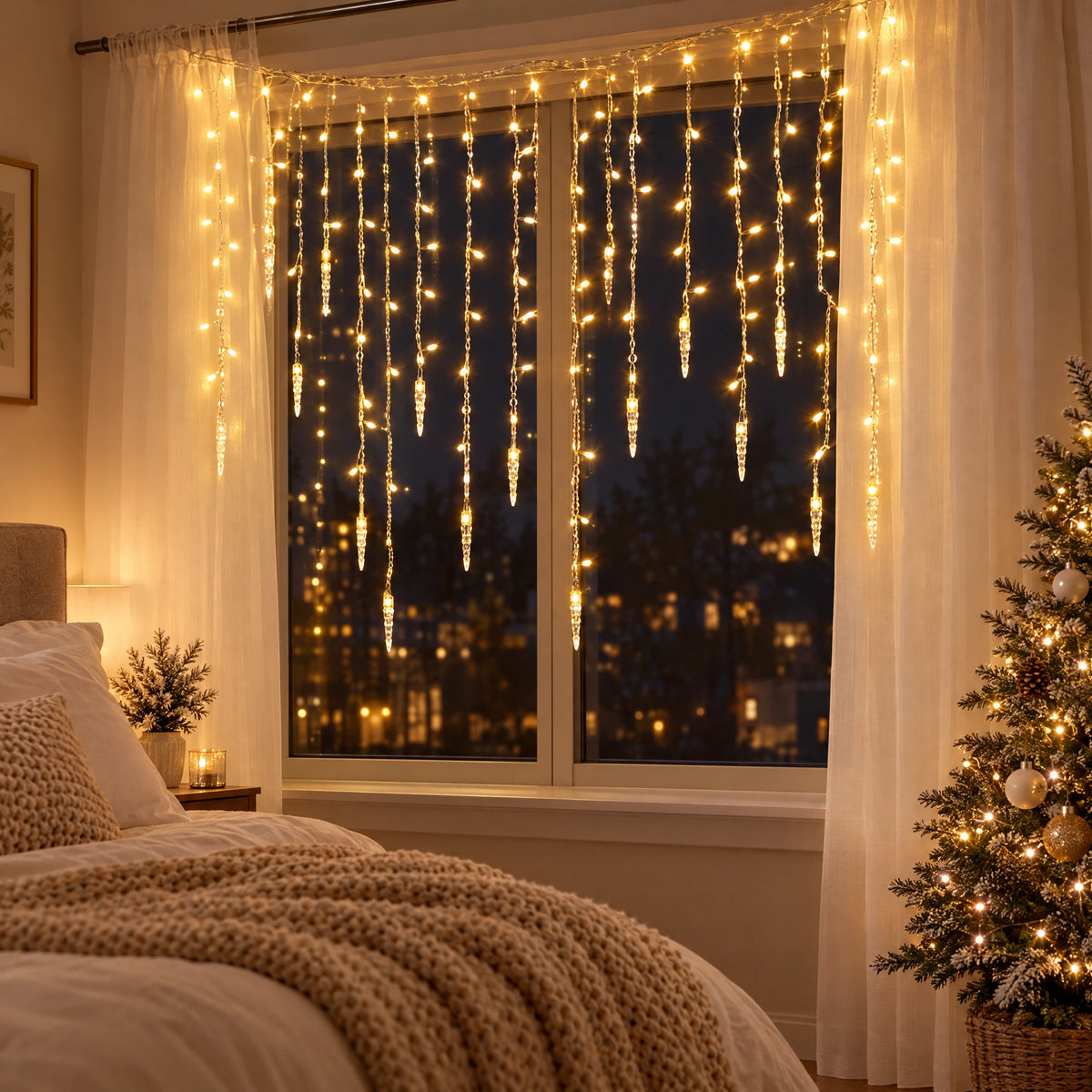 LED Christmas Curtain Lights with Icicle or Snowflake Drops
