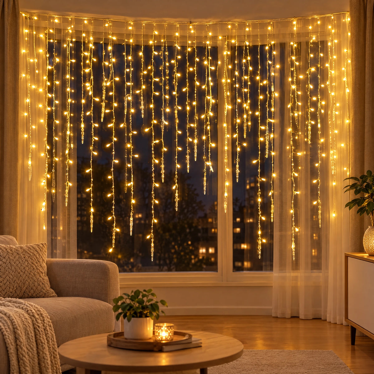 LED Christmas Curtain Lights with Icicle or Snowflake Drops - Warm White Icicle 162 LEDs
