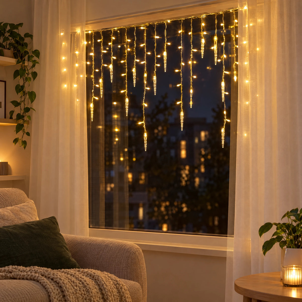 LED Christmas Curtain Lights with Icicle or Snowflake Drops - Warm White Icicle 96 LEDs
