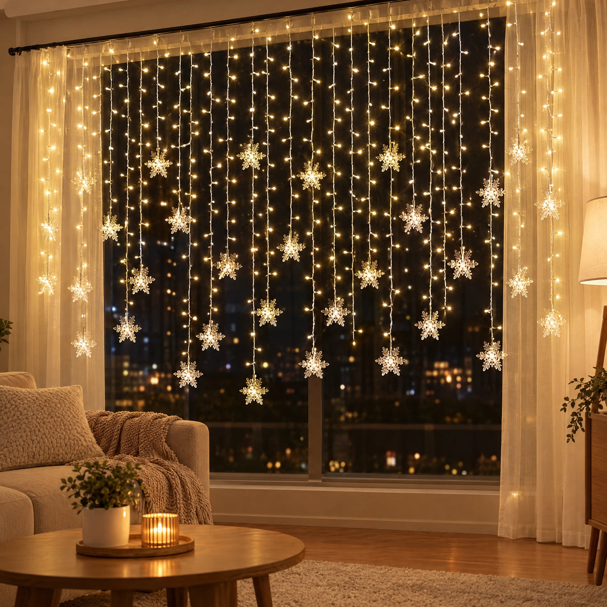 LED Christmas Curtain Lights with Icicle or Snowflake Drops - Warm White Snowflake 162 LEDs