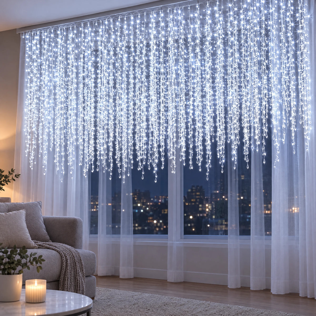 LED Christmas Curtain Lights with Icicle or Snowflake Drops - Cool White Icicle 162 LEDs