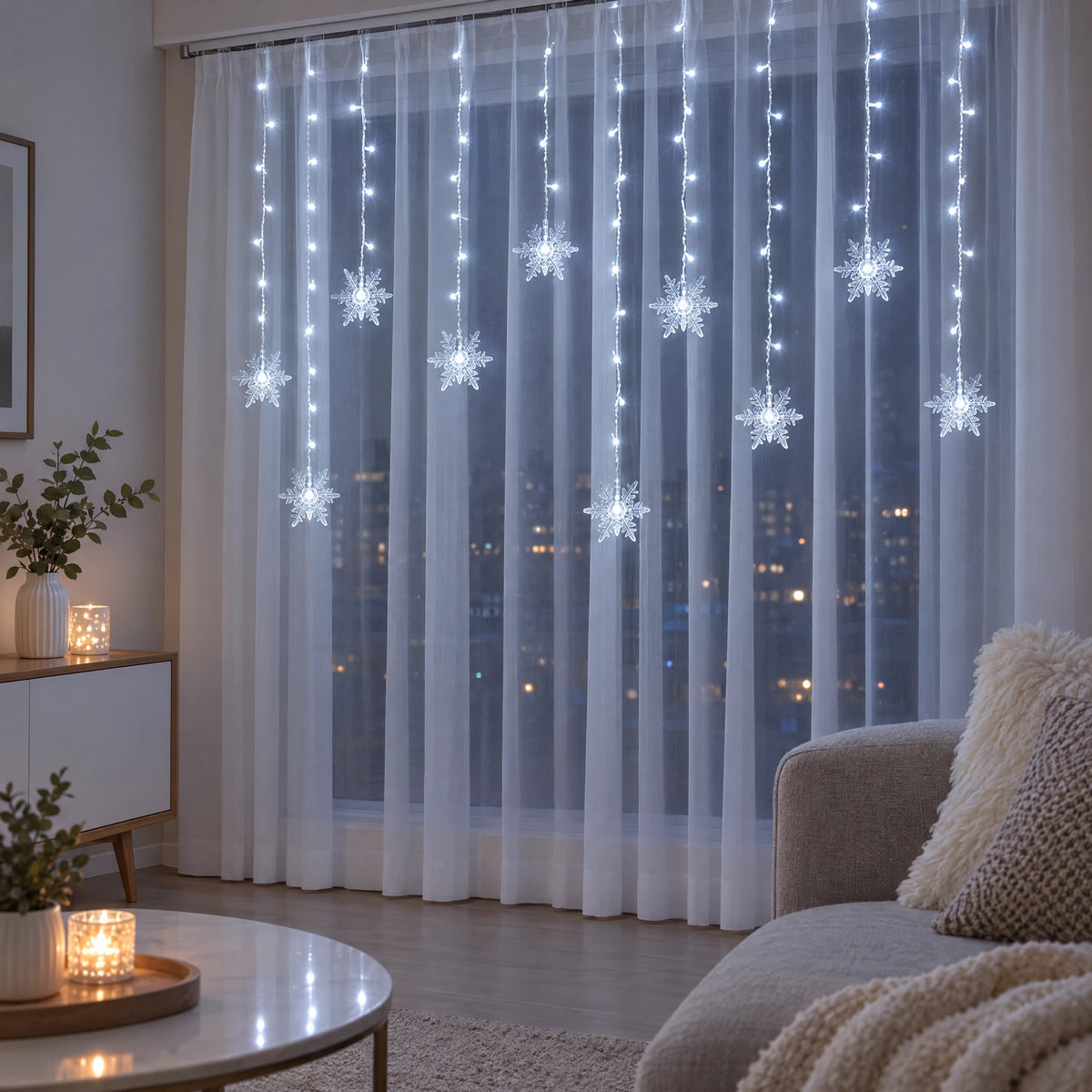 LED Christmas Curtain Lights with Icicle or Snowflake Drops - Cool White Snowflake 96 LEDs