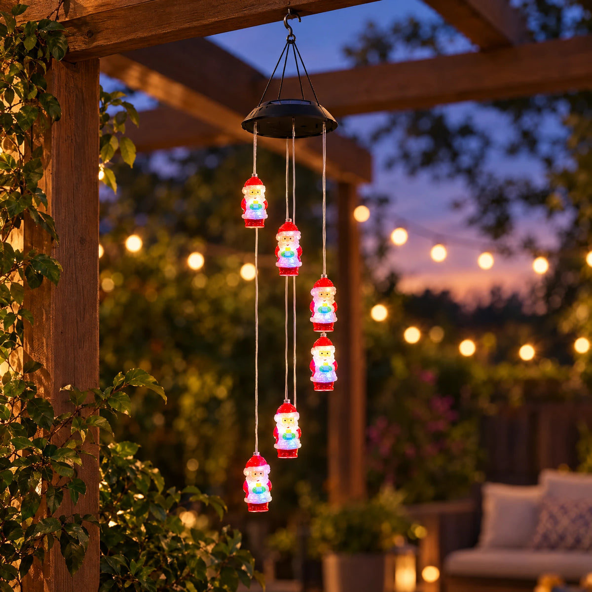Solar Christmas Wind Chime Lights - Blue Gift Box Santa