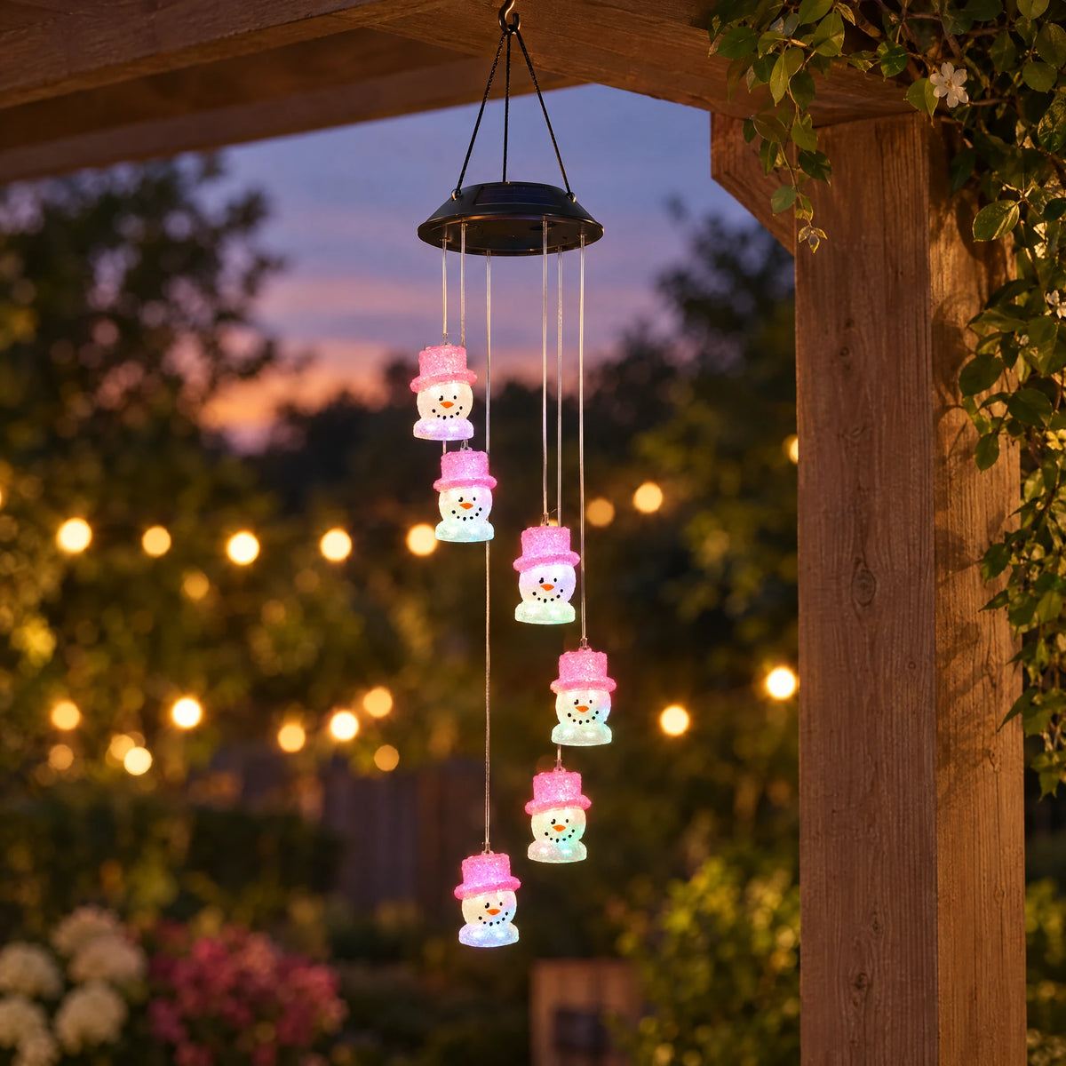 Solar Christmas Wind Chime Lights - Pink Hat Snowman