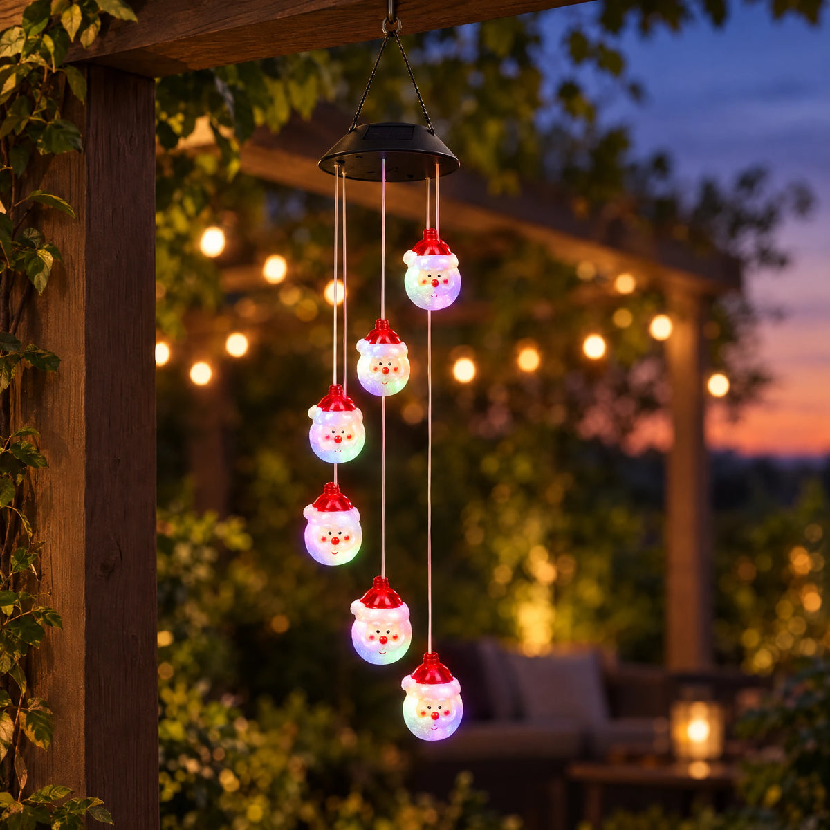 Solar Christmas Wind Chime Lights - Red-Nosed Santa