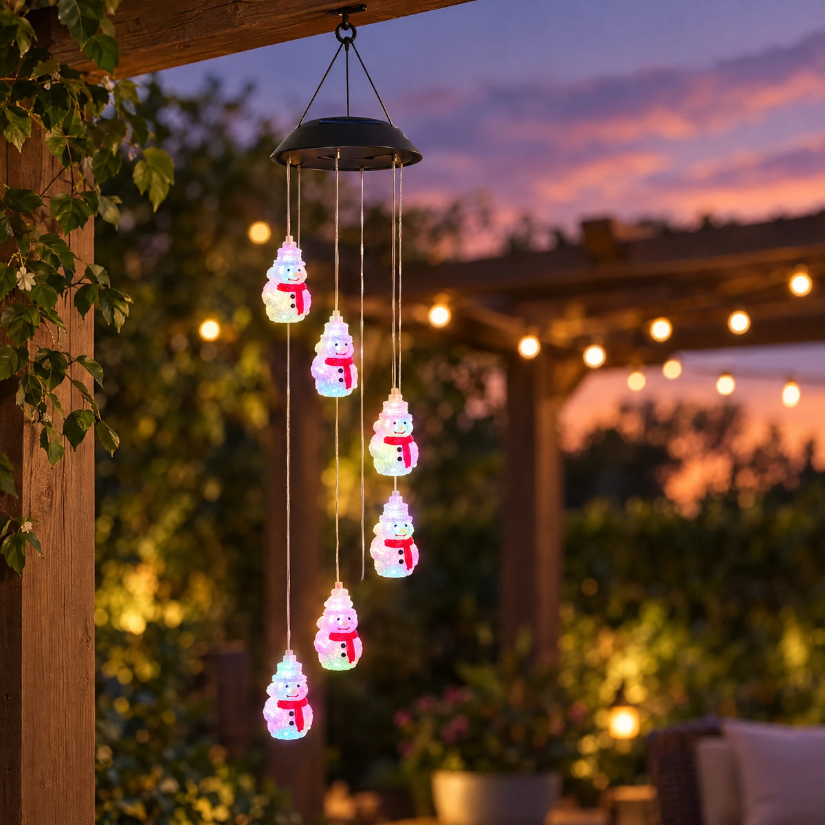 Solar Christmas Wind Chime Lights - Red Scarf Snowman