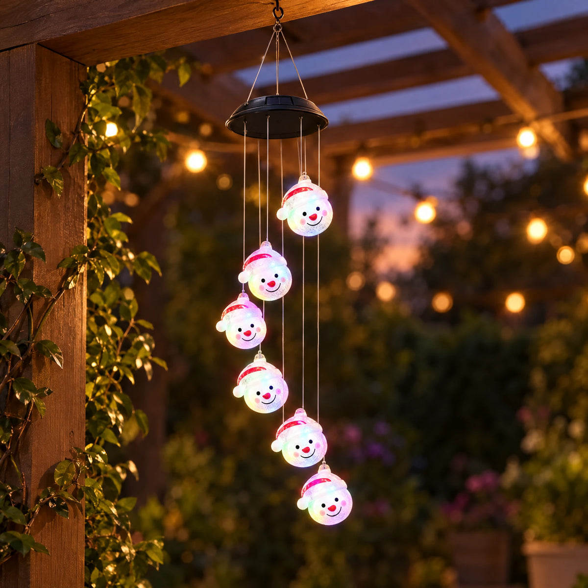 Solar Christmas Wind Chime Lights - White Nightcap Snowman