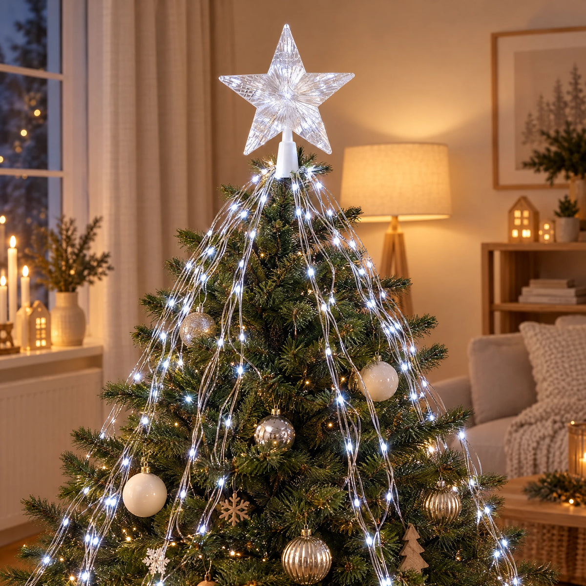 Star Topper Waterfall Christmas Tree Lights - Cool White 198 LEDs