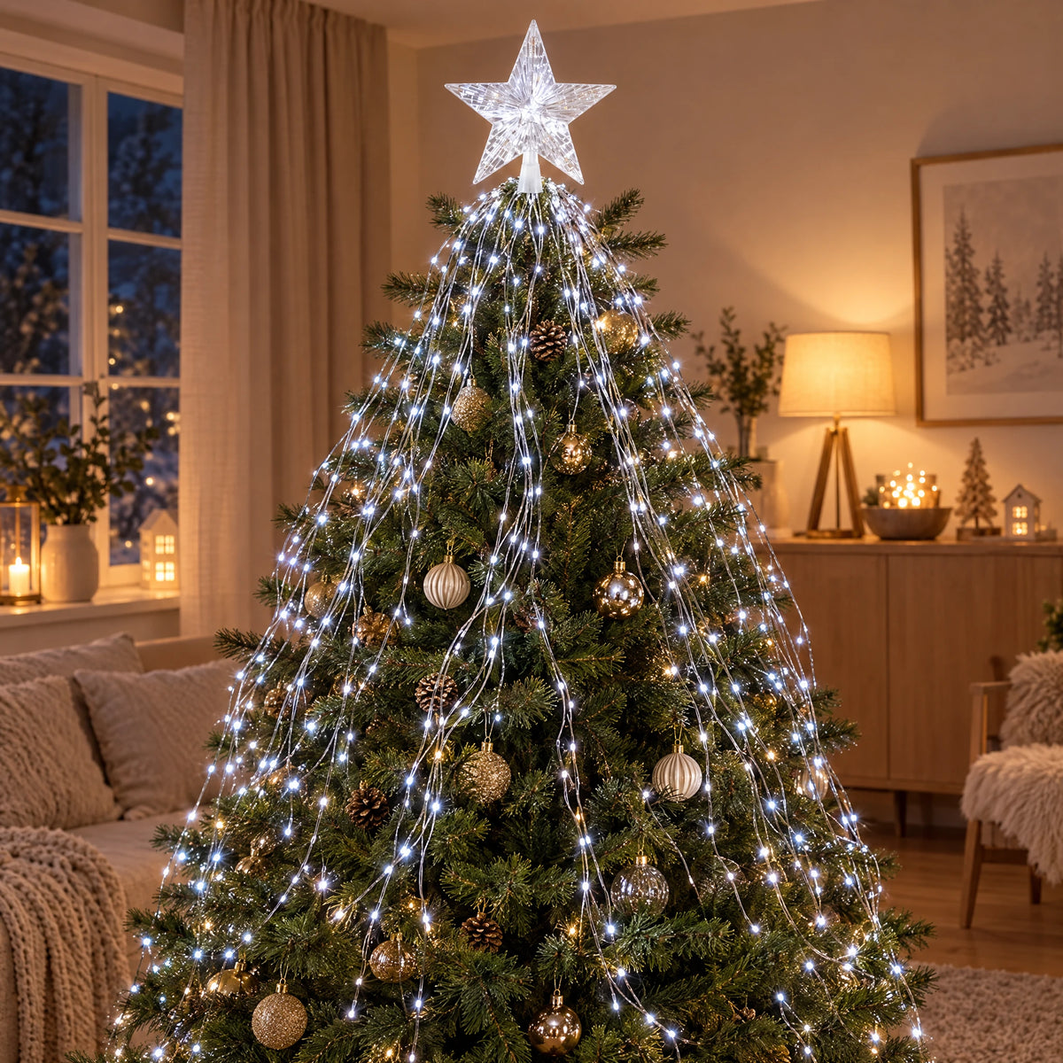 Star Topper Waterfall Christmas Tree Lights - Cool White 288 LEDs