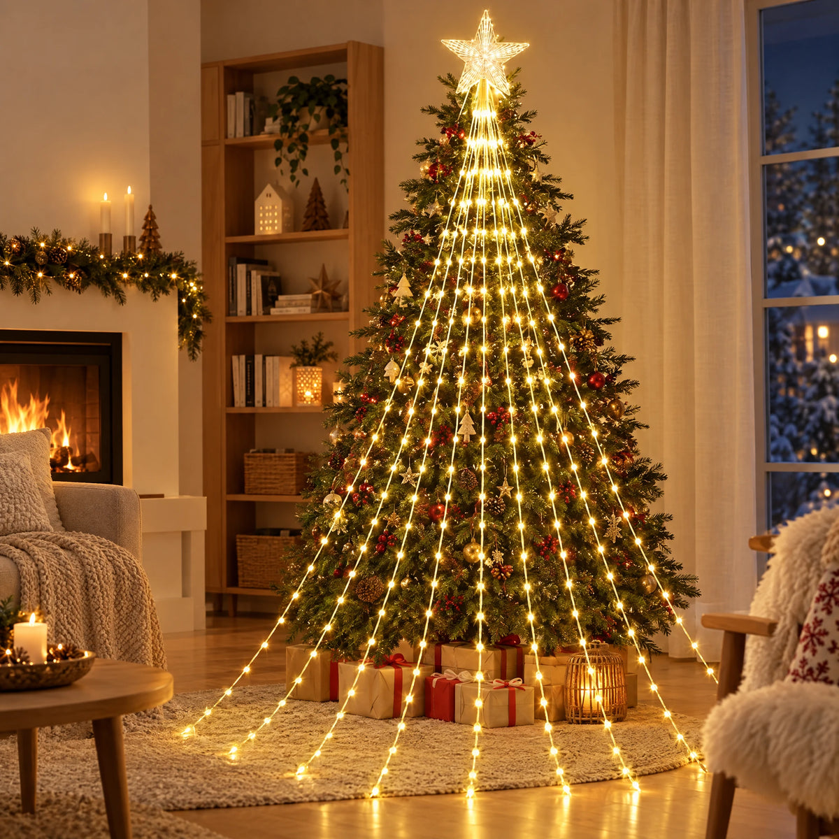 Star Topper Waterfall Christmas Tree Lights - Warm White 198 LEDs