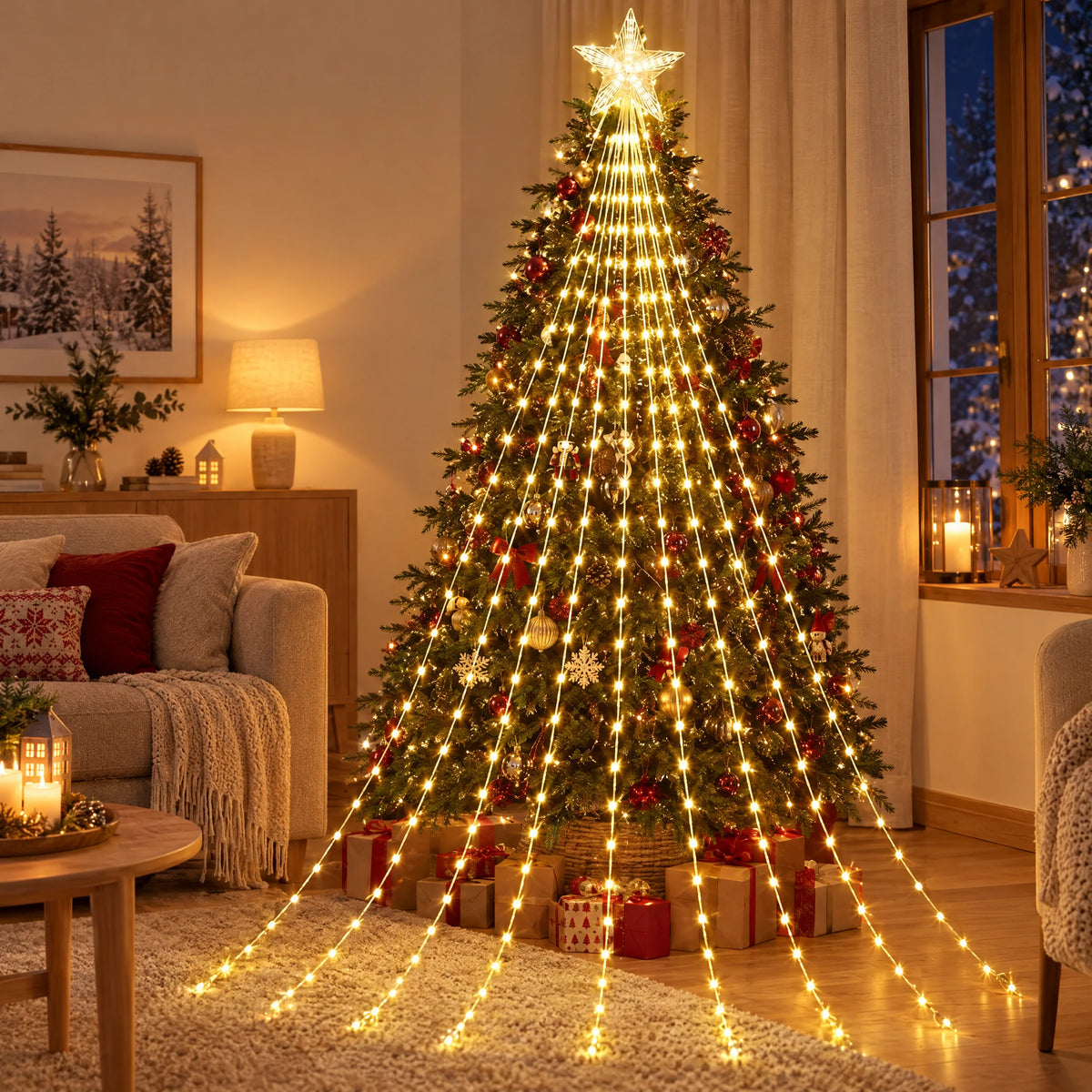 Star Topper Waterfall Christmas Tree Lights - Warm White 288 LEDs