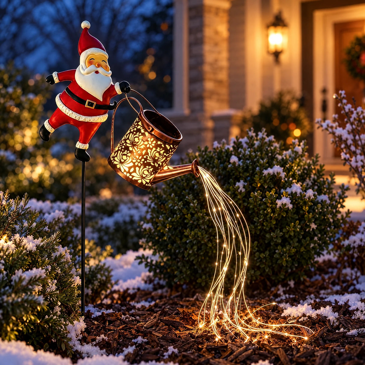 Santa Watering Can Solar Garden Stake - Warm White