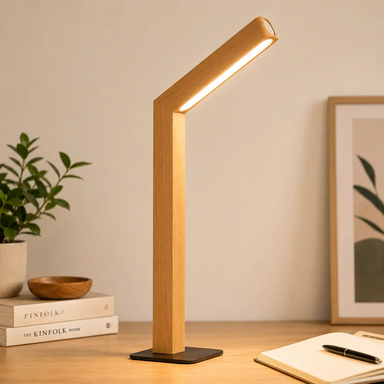 Rechargeable LED Wooden Bedside Table Lamp, Touch Control, Magnetic Base, 5000K Natural Light