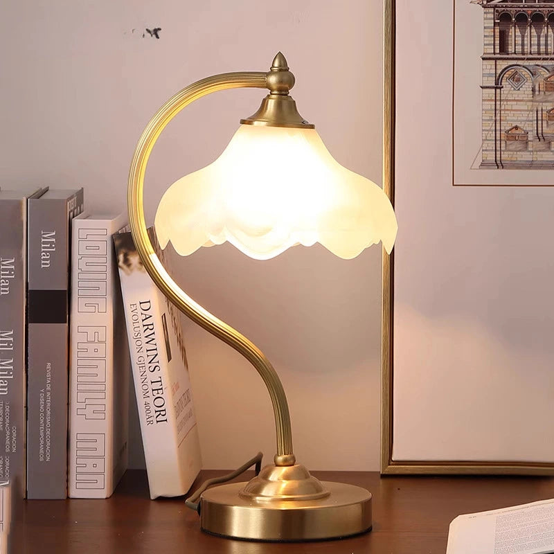 Vintage All-Copper Table Lamp with Glass Shade, 110V 5W Dimmable, E26 Bedside Lamp