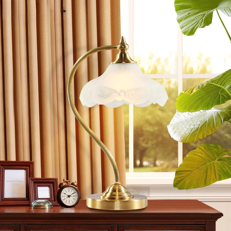 Vintage All-Copper Table Lamp with Glass Shade, 110V 5W Dimmable, E26 Bedside Lamp
