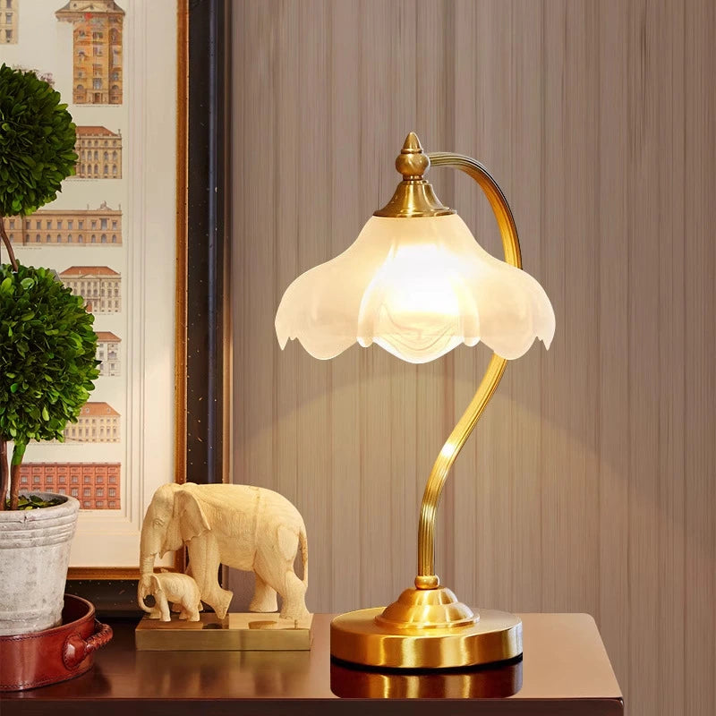 Vintage All-Copper Table Lamp with Glass Shade, 110V 5W Dimmable, E26 Bedside Lamp