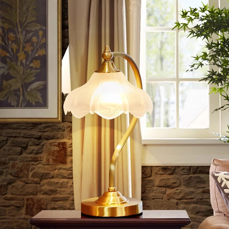 Vintage All-Copper Table Lamp with Glass Shade, 110V 5W Dimmable, E26 Bedside Lamp