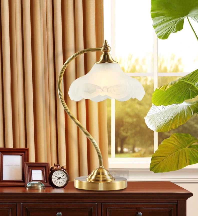 Vintage All-Copper Table Lamp with Glass Shade, 110V 5W Dimmable, E26 Bedside Lamp