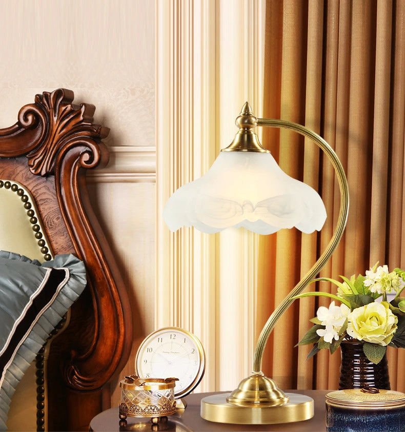 Vintage All-Copper Table Lamp with Glass Shade, 110V 5W Dimmable, E26 Bedside Lamp