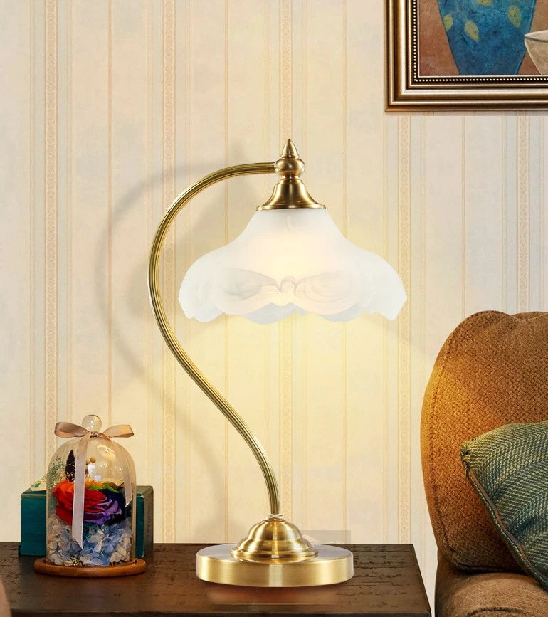 Vintage All-Copper Table Lamp with Glass Shade, 110V 5W Dimmable, E26 Bedside Lamp