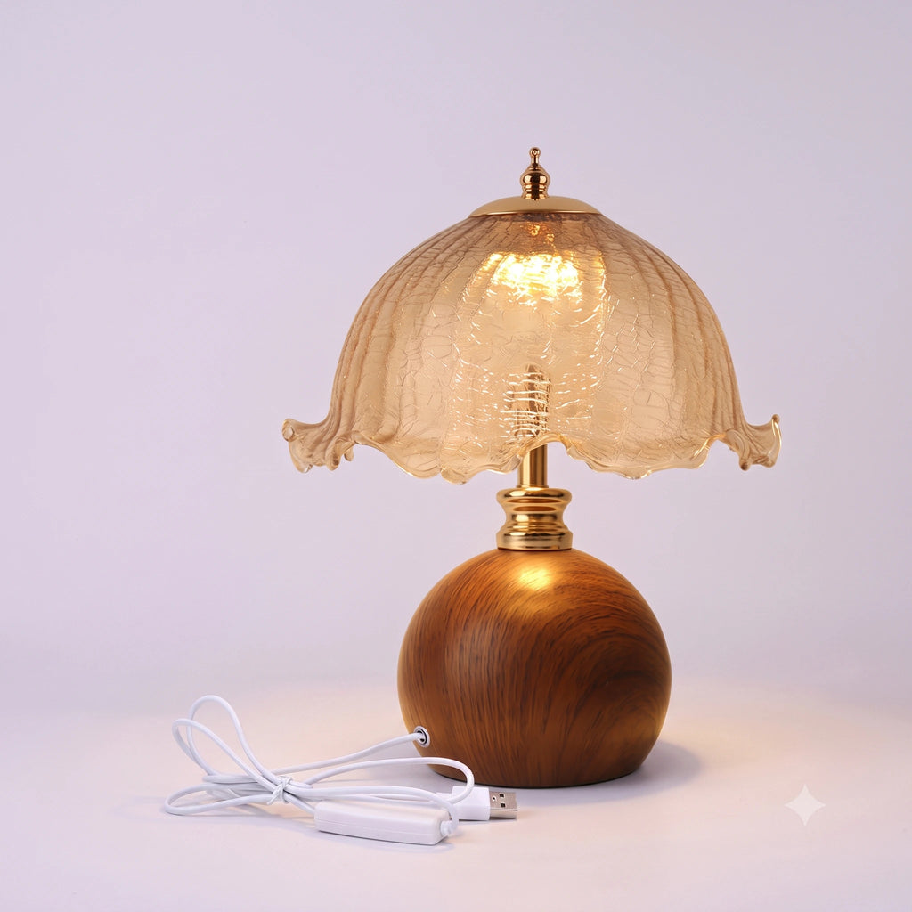 Vintage Cracked Glass Flower Shade Table Lamp with Walnut-Finish Base – 3 Color Modes &amp; Stepless Dimming