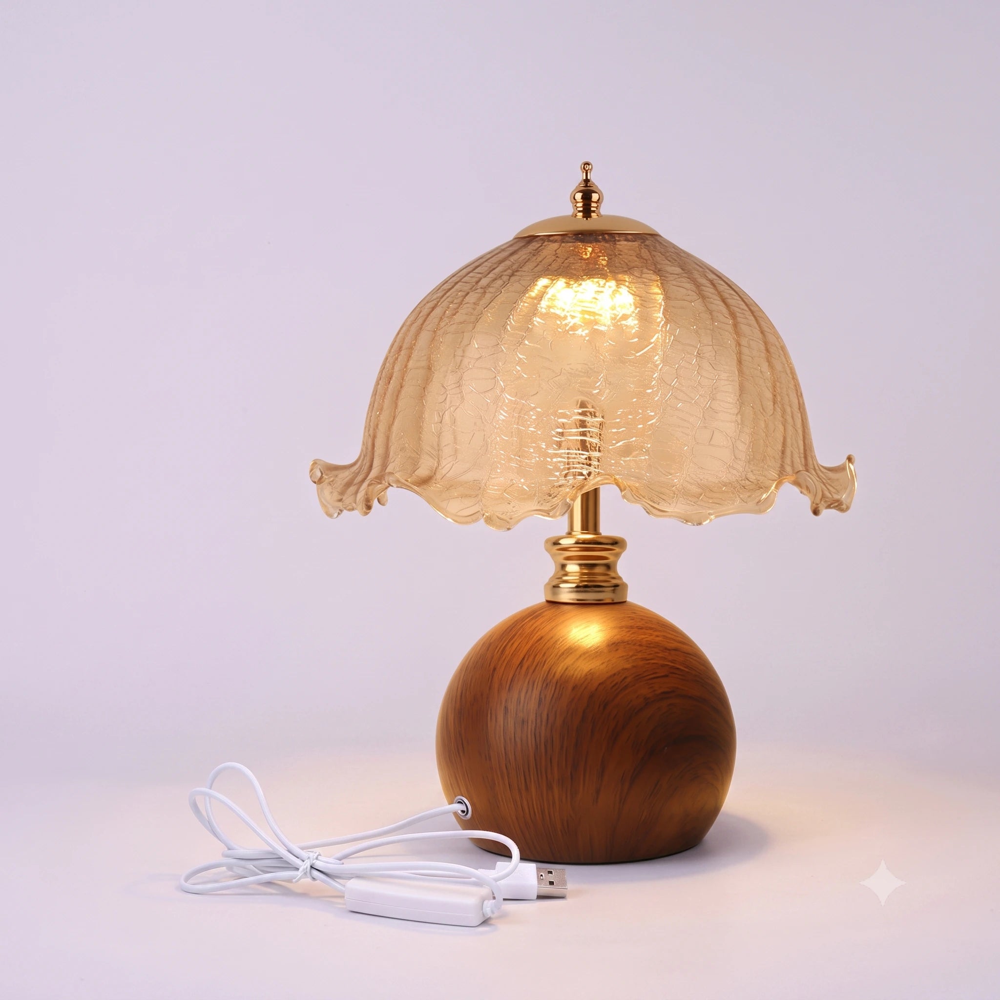 Vintage Cracked Glass Flower Shade Table Lamp with Walnut-Finish Base – 3 Color Modes &amp; Stepless Dimming