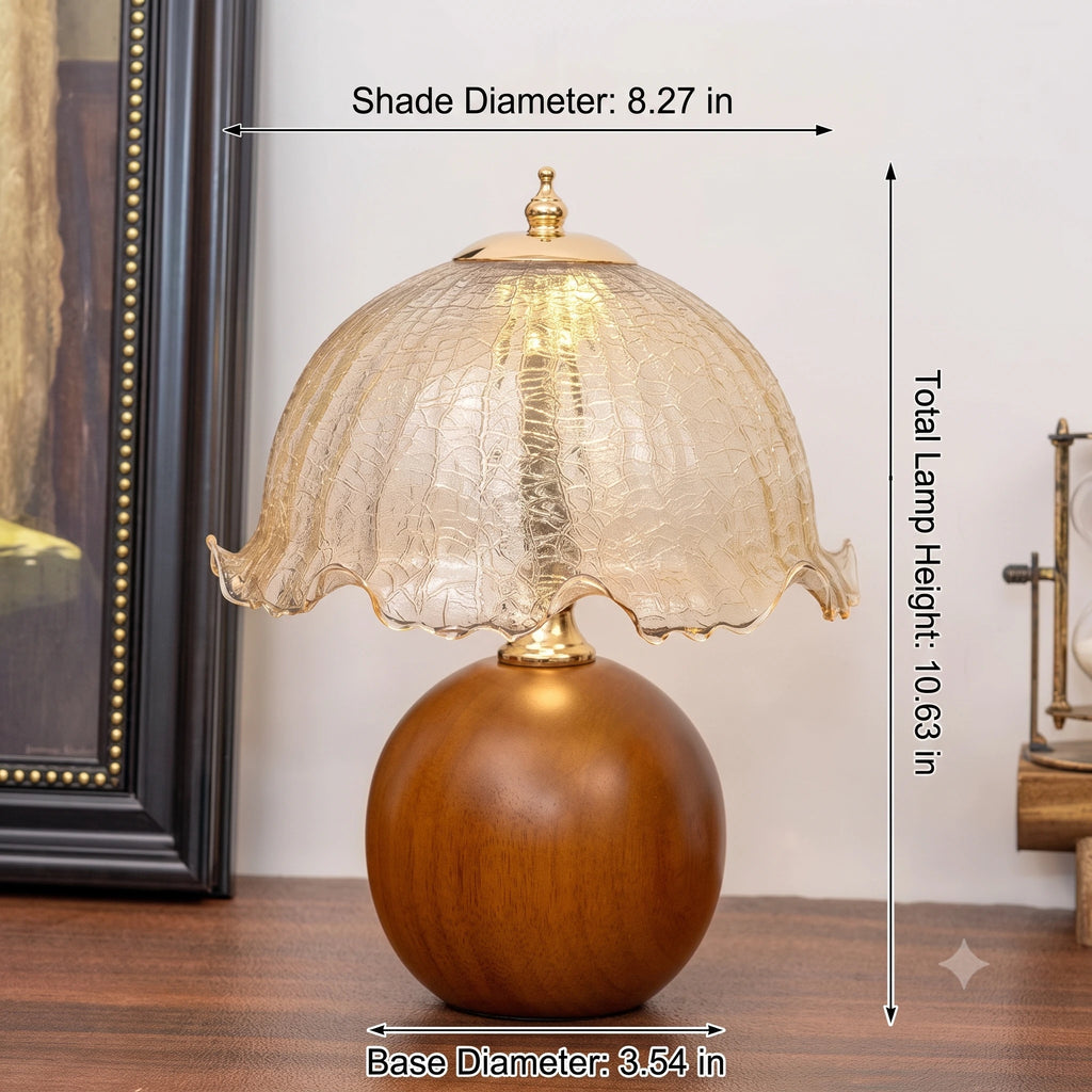 Vintage Cracked Glass Flower Shade Table Lamp with Walnut-Finish Base – 3 Color Modes &amp; Stepless Dimming