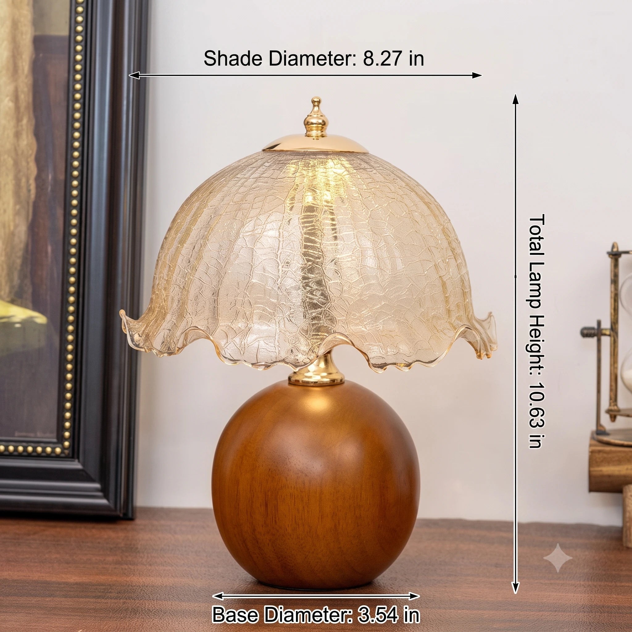 Vintage Cracked Glass Flower Shade Table Lamp with Walnut-Finish Base – 3 Color Modes &amp; Stepless Dimming
