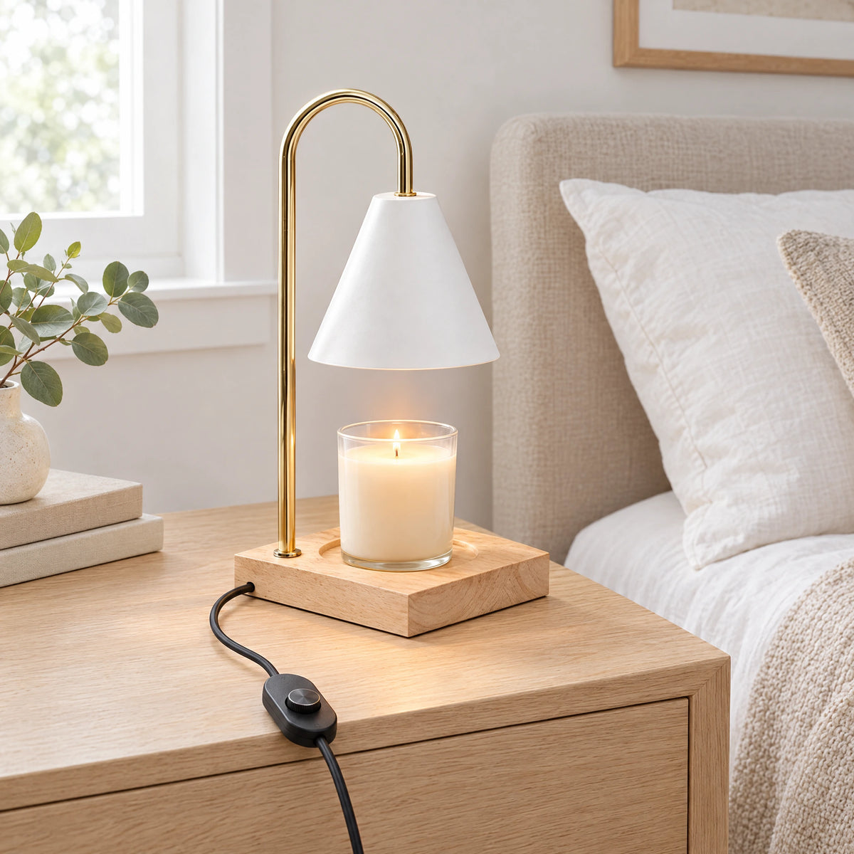 Cone Shade Candle Warmer Lamp - Natural Wood, White Shade, Dimmer