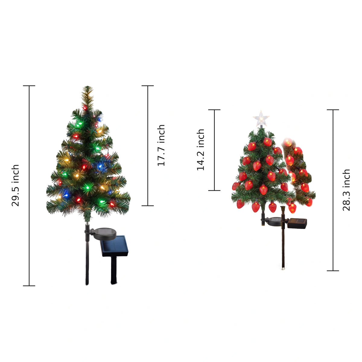 Solar Christmas Tree dimensions - Christmas Tree (bead style) 29.5 x 17.7 inch and Strawberry Christmas Tree 28.3 x 14.2 inch