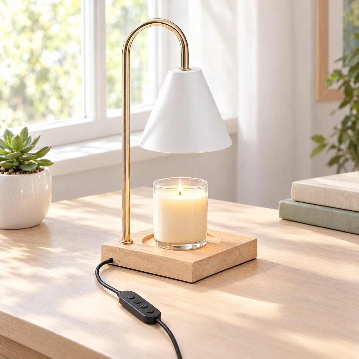 Cone Shade Candle Warmer Lamp - Natural Wood, White Shade, Timer