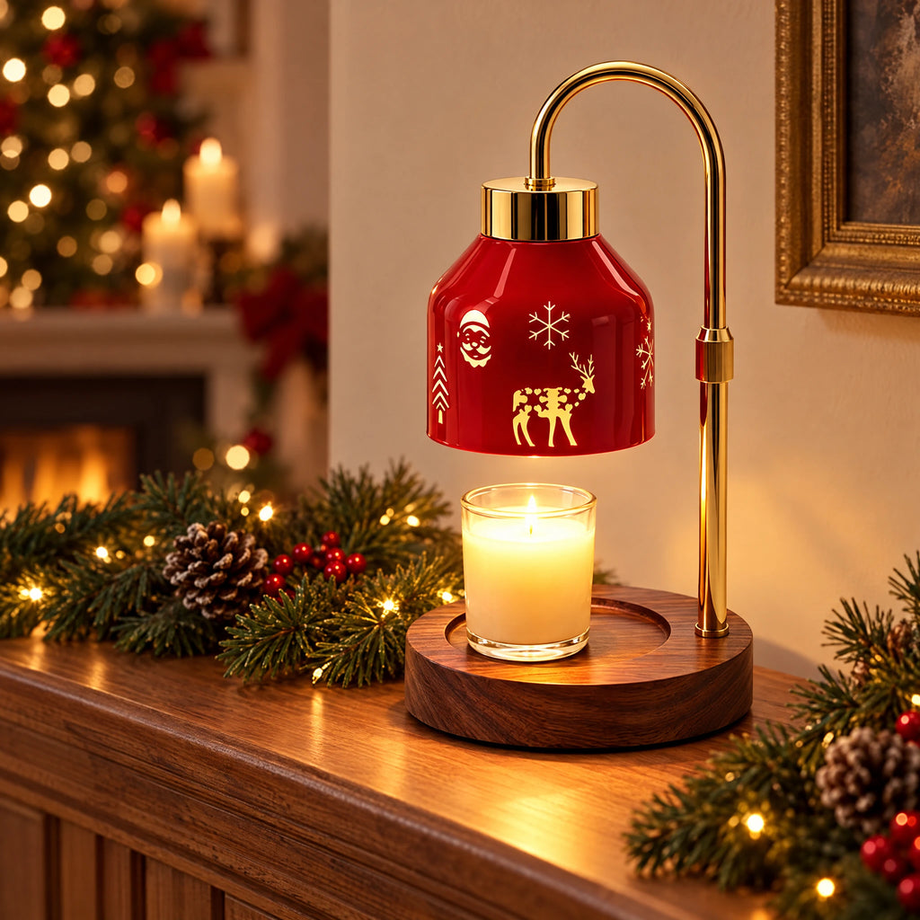 Christmas Candle Warmer Table Lamp - Gold rod + walnut wood base