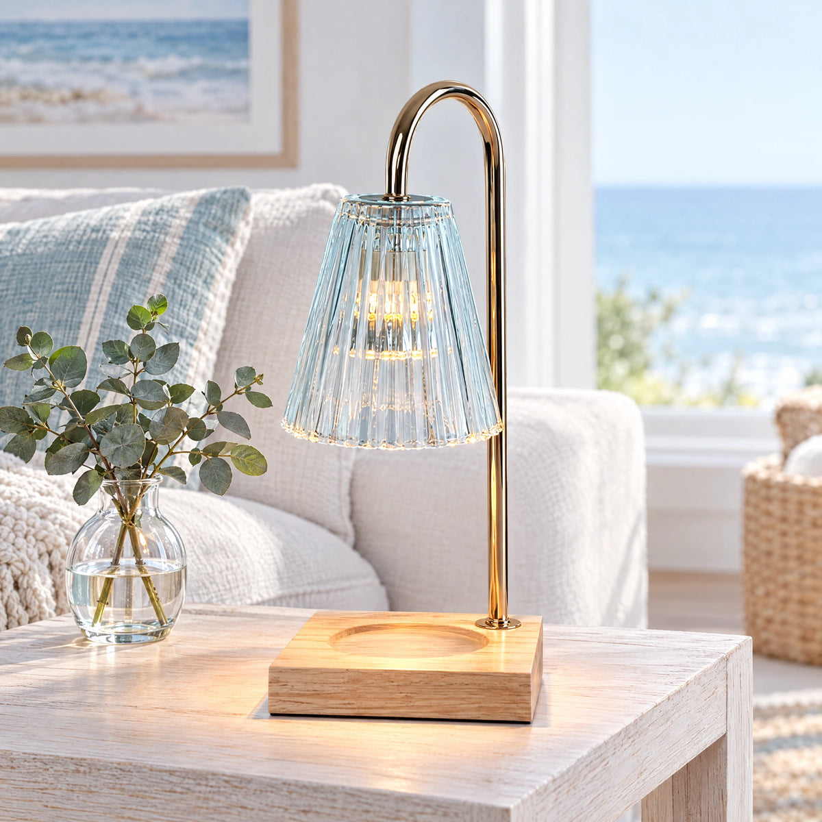 Candle Warmer Lamp - Natural Wood Base, Cyan Cone Shade