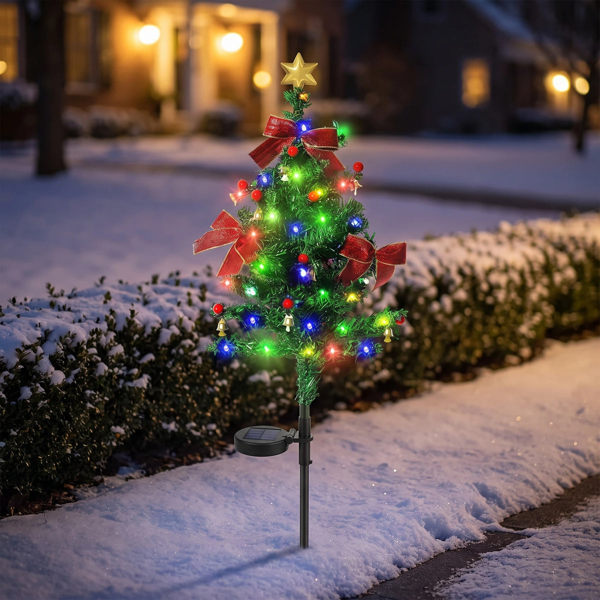 Solar Christmas Tree Stake Light - Green Tree Decorative, Round Solar Panel