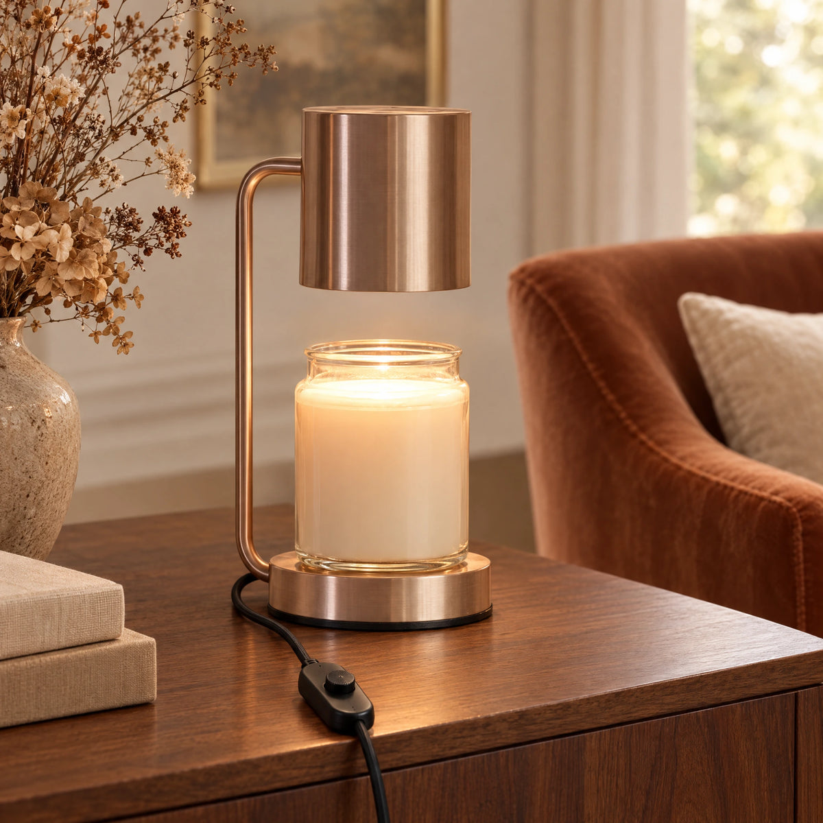 Cylinder Shade Candle Warmer Lamp - French Gold, Dimmer Switch