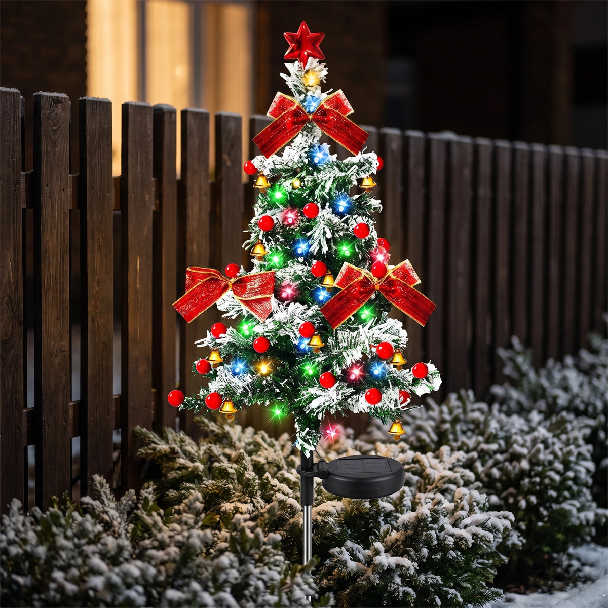 Solar Christmas Lights Tree Stakes, Stainless Steel — 75cm flocked Christmas tree (oval base)