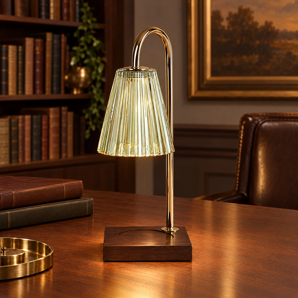Candle Warmer Lamp - Walnut Base, Celadon Cone Shade