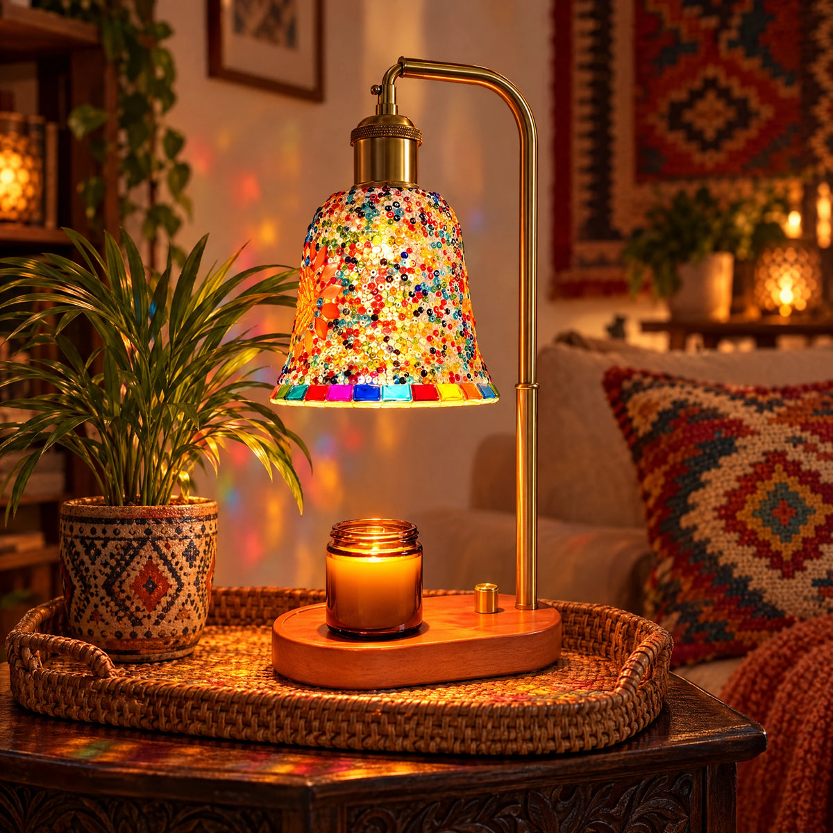Candle Warmer Table Lamp with Mosaic Glass Shade & Scented Candle