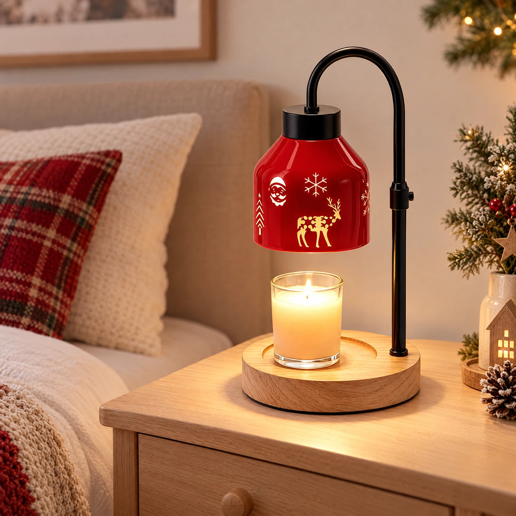 Christmas Candle Warmer Table Lamp - Black rod + natural wood base