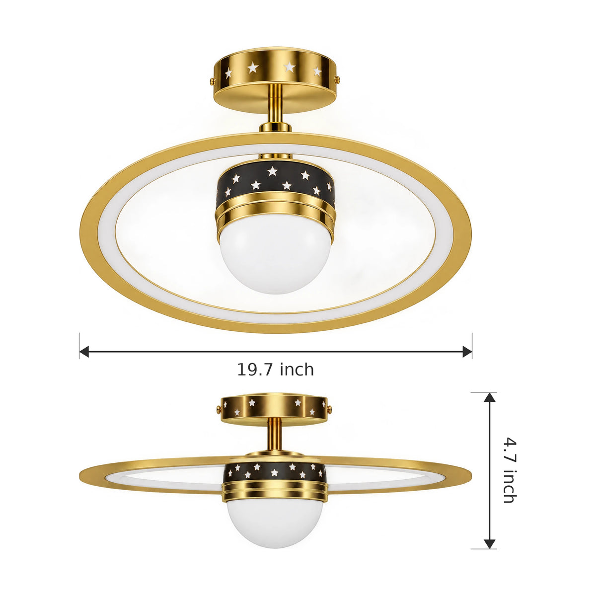 Star Ceiling Light with Starry Projection & Ring, 19.69 in Gold or Black - Dimensions