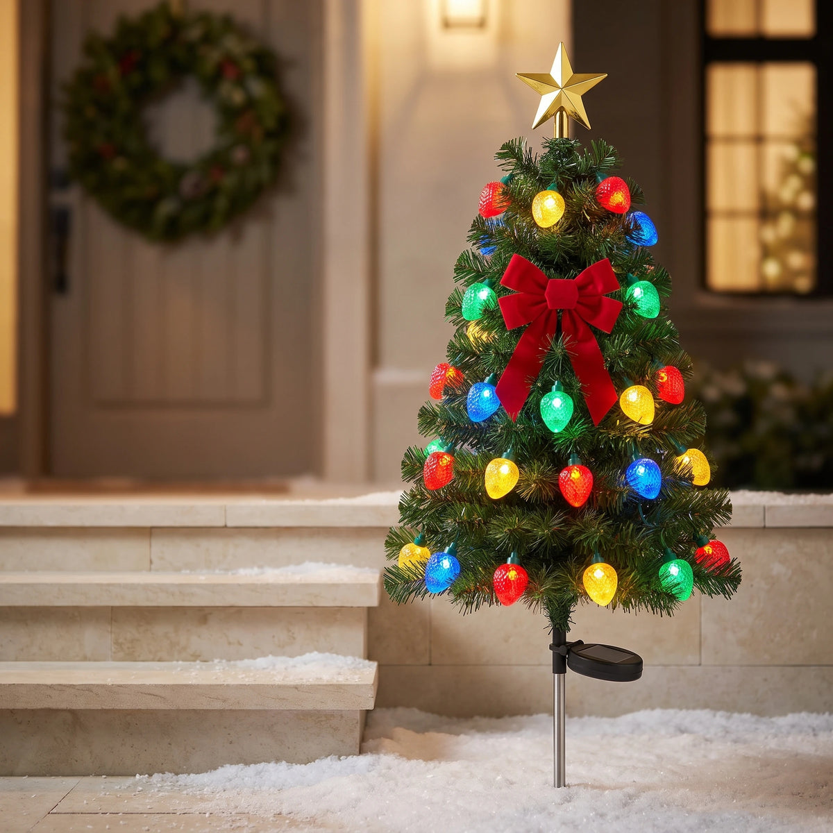 Solar Christmas Lights Tree Stakes, Stainless Steel — 75cm Strawberry Christmas Tree (with star, bow and other accessories)