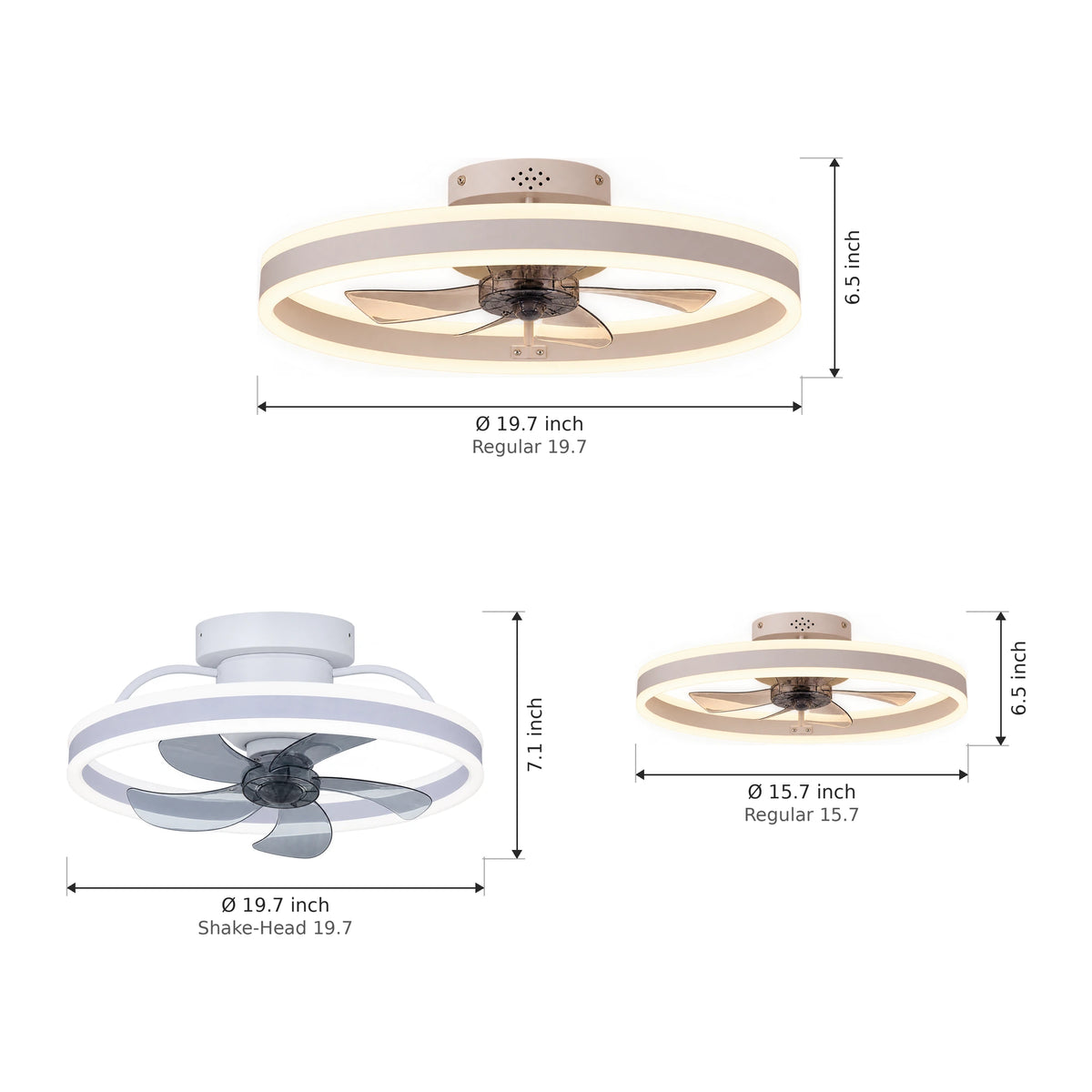 Ceiling Fans with Lights, Double Ring, 15.7 in & 19.7 in, Remote & App - Dimensions