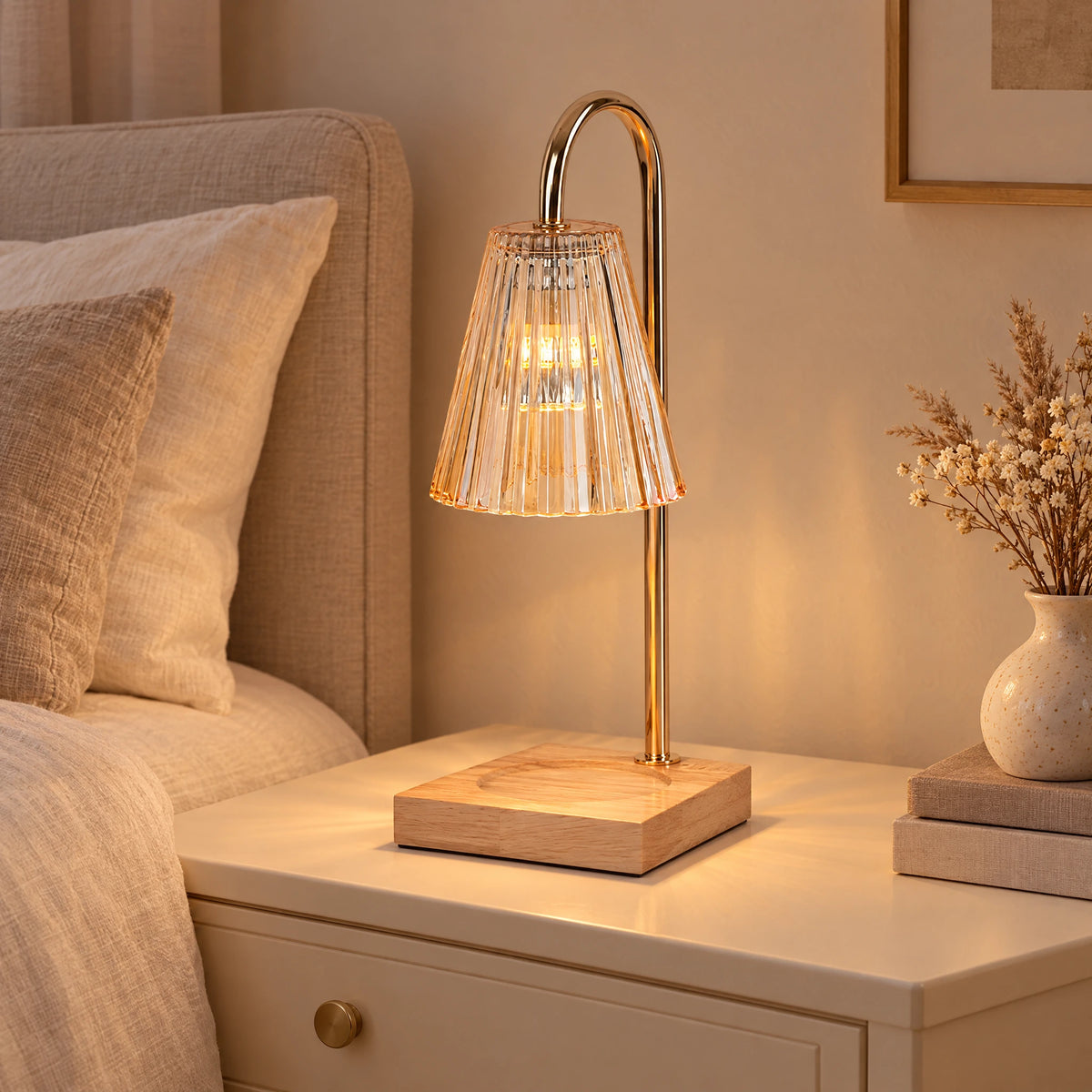 Candle Warmer Lamp - Natural Wood Base, Champagne Cone Shade
